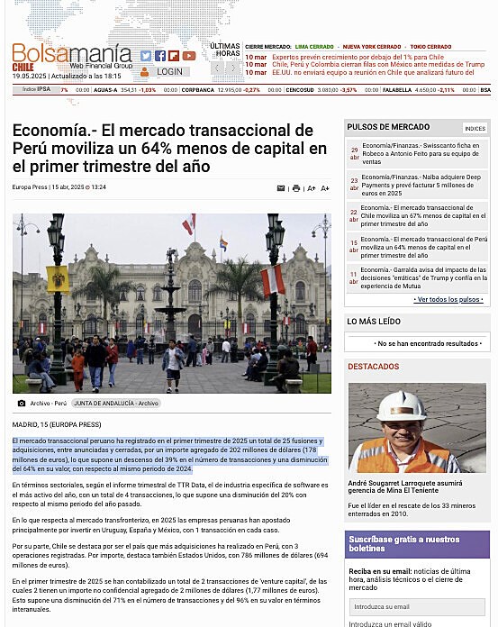 Economa.- El mercado transaccional de Per moviliza un 64% menos de capital en el primer trimestre del ao